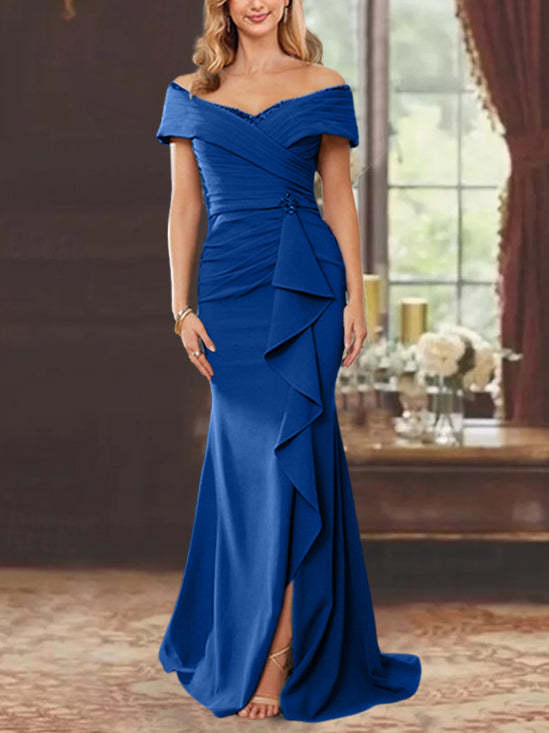 Off-the-Shoulder Ruffled Floor-Length Mother of the Bride Sheath Dress