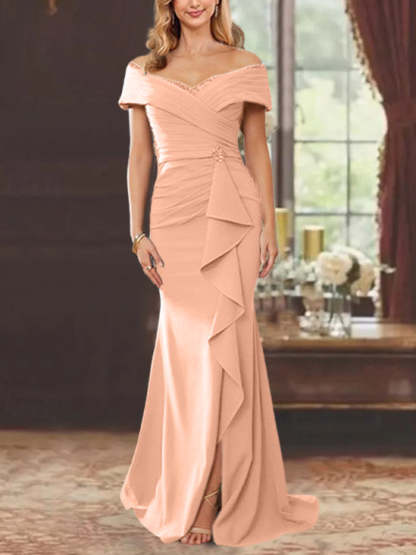 Off-the-Shoulder Ruffled Floor-Length Mother of the Bride Sheath Dress