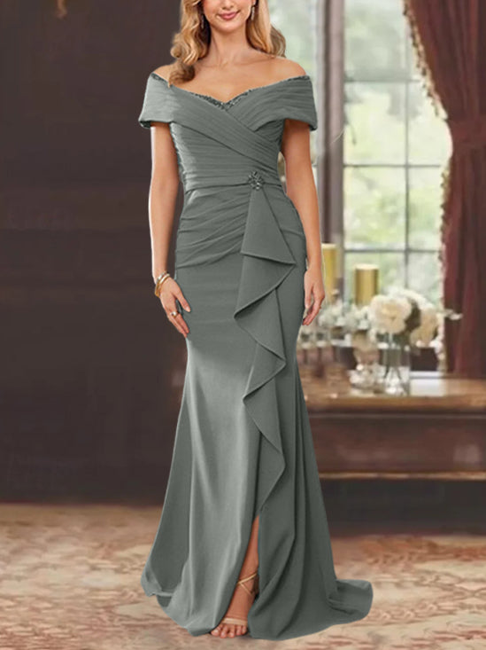 Off-the-Shoulder Ruffled Floor-Length Mother of the Bride Sheath Dress
