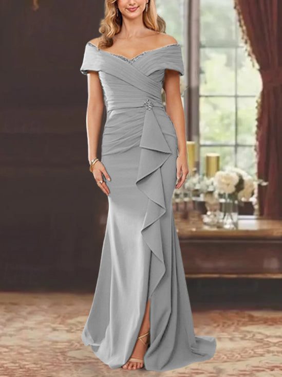 Off-the-Shoulder Ruffled Floor-Length Mother of the Bride Sheath Dress