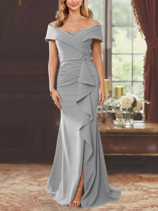 Off-the-Shoulder Ruffled Floor-Length Mother of the Bride Sheath Dress