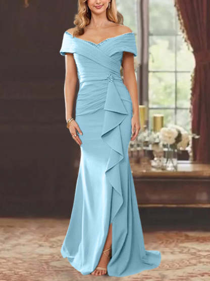 Off-the-Shoulder Ruffled Floor-Length Mother of the Bride Sheath Dress