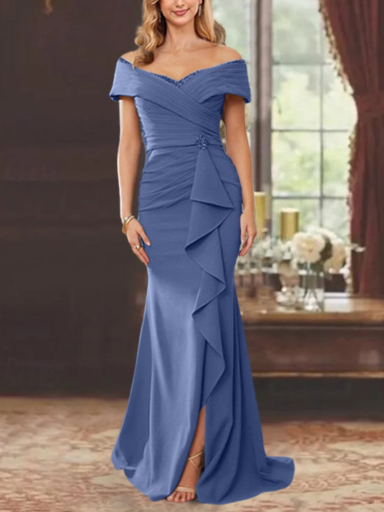 Off-the-Shoulder Ruffled Floor-Length Mother of the Bride Sheath Dress