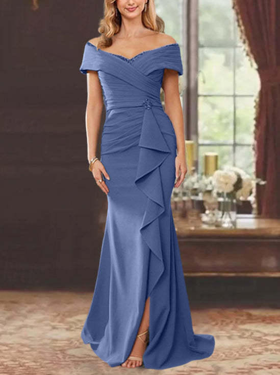 Off-the-Shoulder Ruffled Floor-Length Mother of the Bride Sheath Dress