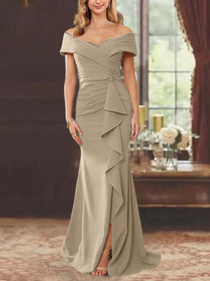 Off-the-Shoulder Ruffled Floor-Length Mother of the Bride Sheath Dress