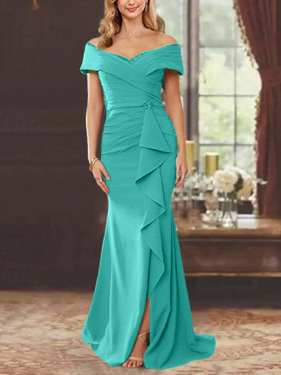 Off-the-Shoulder Ruffled Floor-Length Mother of the Bride Sheath Dress