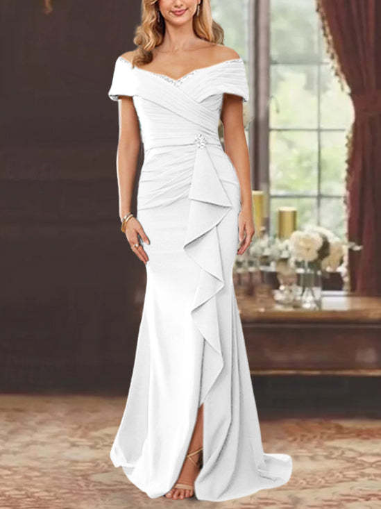 Off-the-Shoulder Ruffled Floor-Length Mother of the Bride Sheath Dress