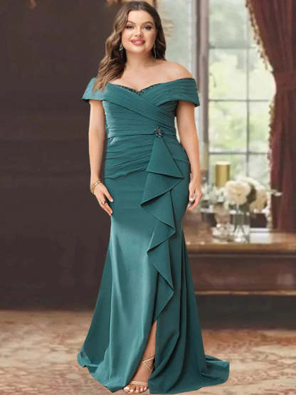 Off-the-Shoulder Ruffled Floor-Length Plus Size Mother of the Bride Column Dress