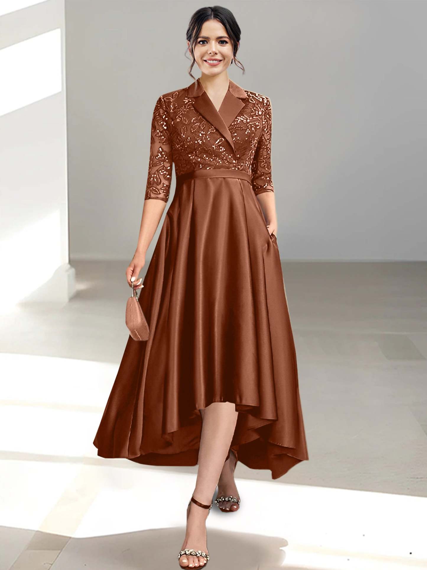 V-Neck Tea-Length Sheath/Column Dresses for the Mother of the Bride