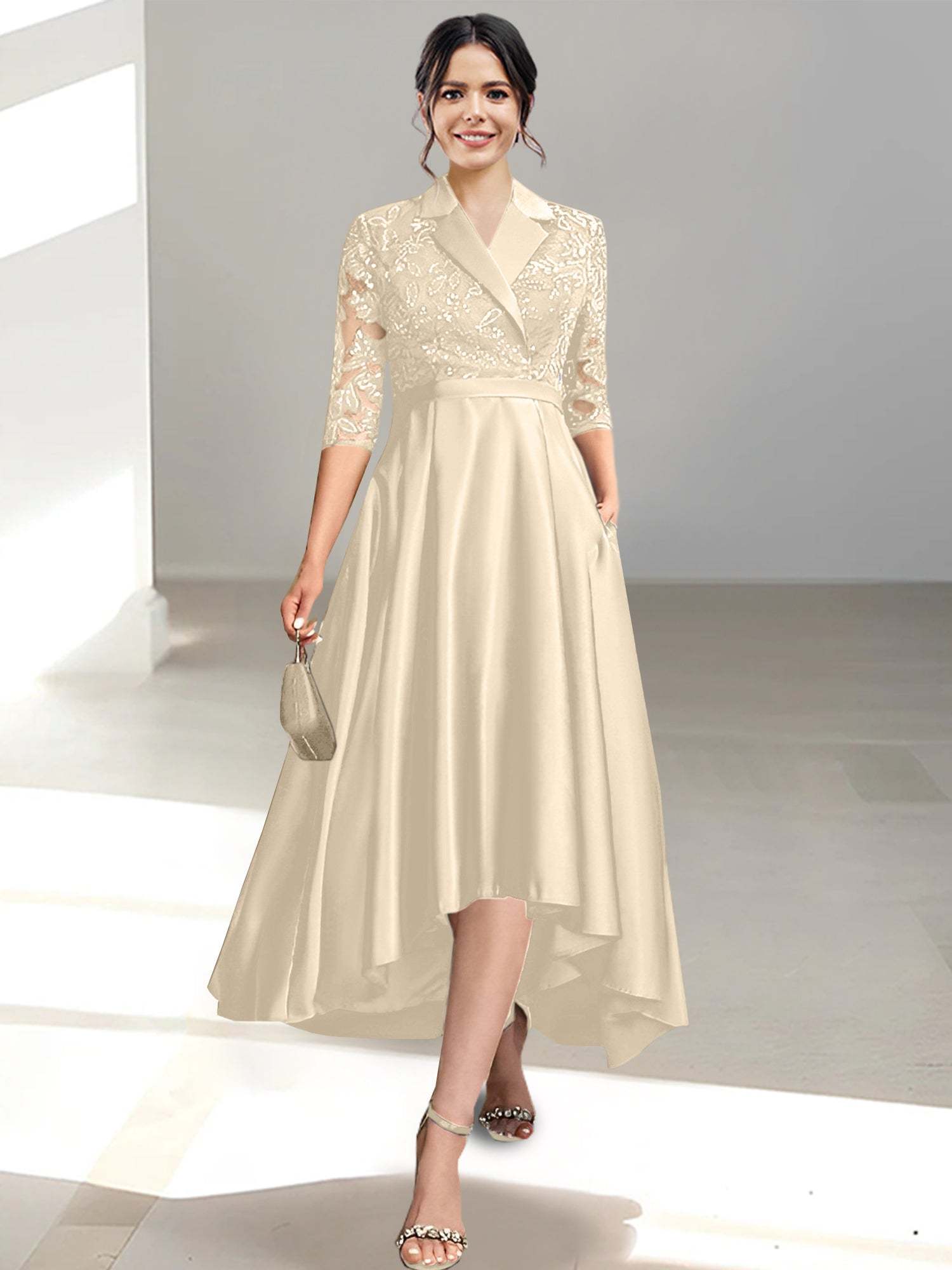 V-Neck Tea-Length Sheath/Column Dresses for the Mother of the Bride