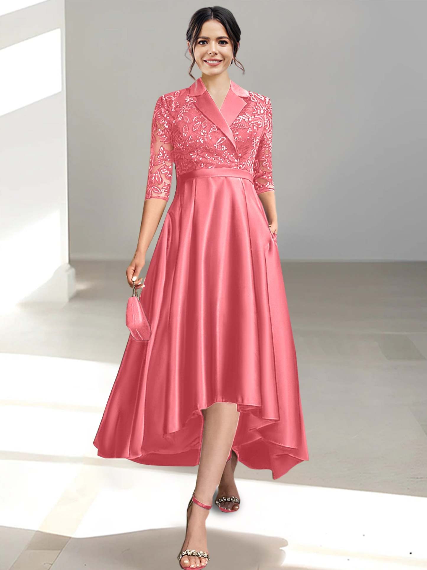 V-Neck Tea-Length Sheath/Column Dresses for the Mother of the Bride
