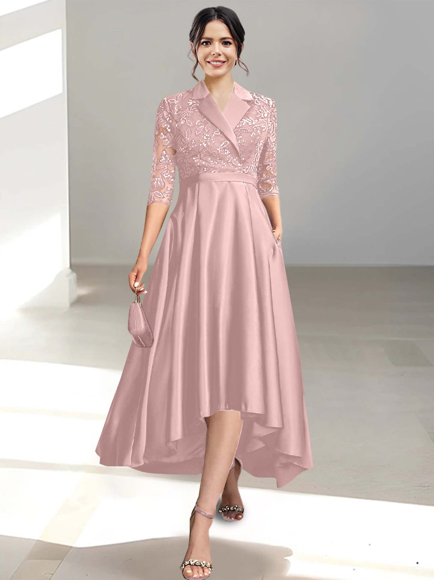 V-Neck Tea-Length Sheath/Column Dresses for the Mother of the Bride