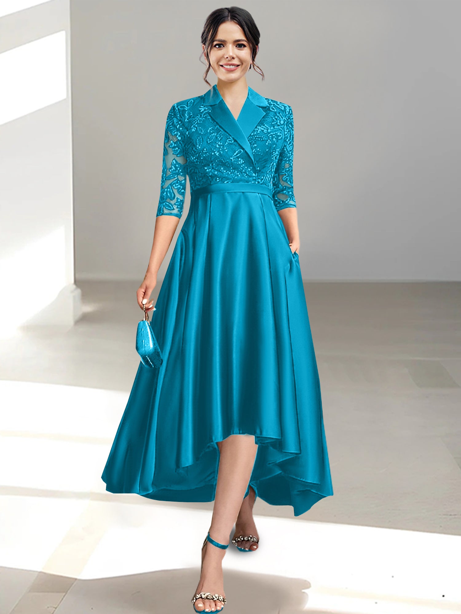 V-Neck Tea-Length Sheath/Column Dresses for the Mother of the Bride