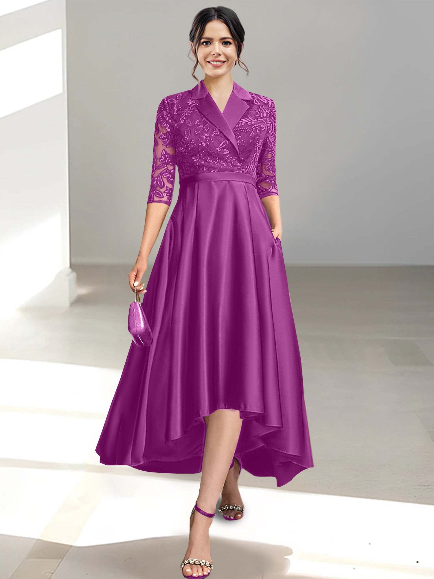 V-Neck Tea-Length Sheath/Column Dresses for the Mother of the Bride