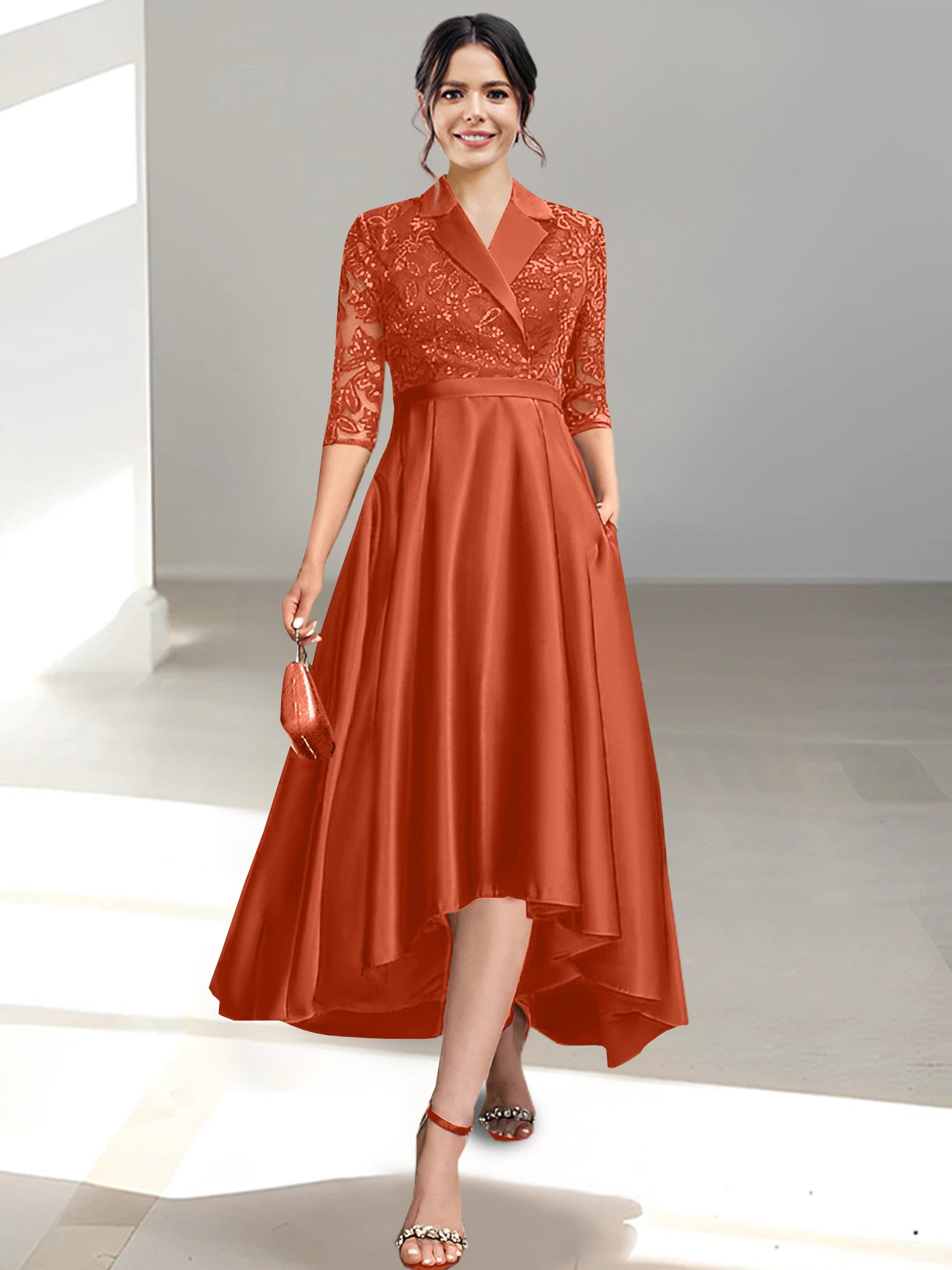 V-Neck Tea-Length Sheath/Column Dresses for the Mother of the Bride
