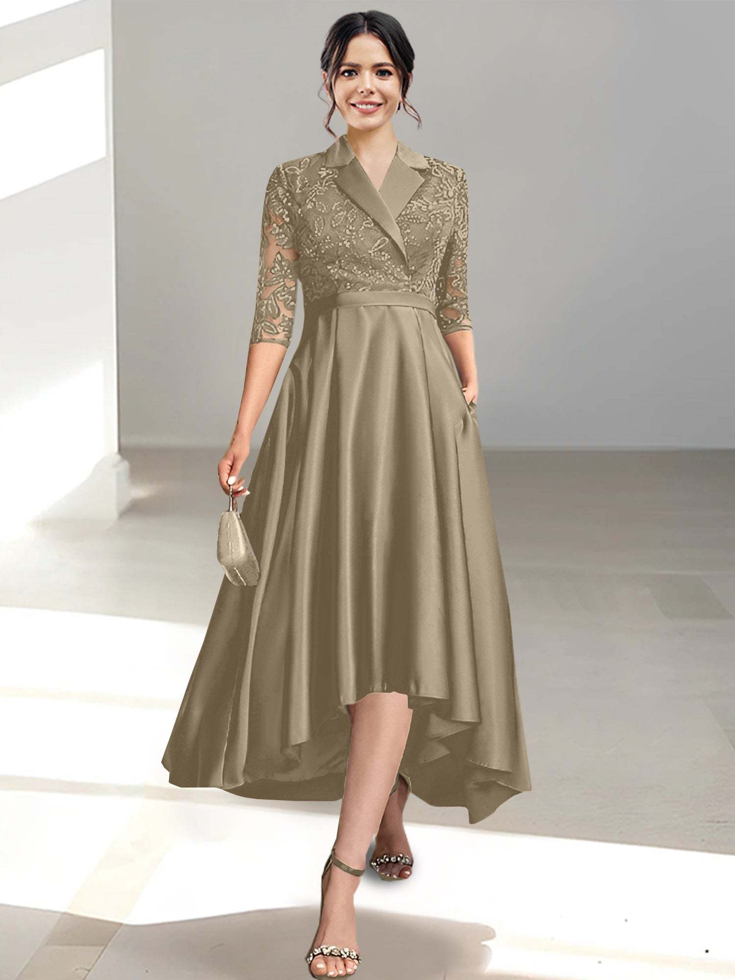 V-Neck Tea-Length Sheath/Column Dresses for the Mother of the Bride