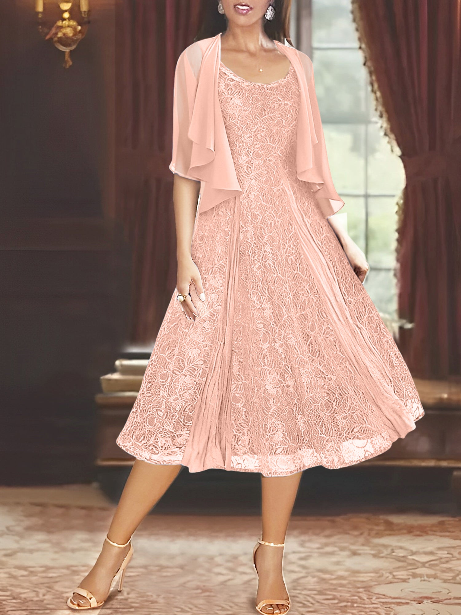 Princess A-Line Tea-Length Mother of the Bride Dress with Scoop Neck Half Sleeves Appliques and Jacket-BMbridal.UK
