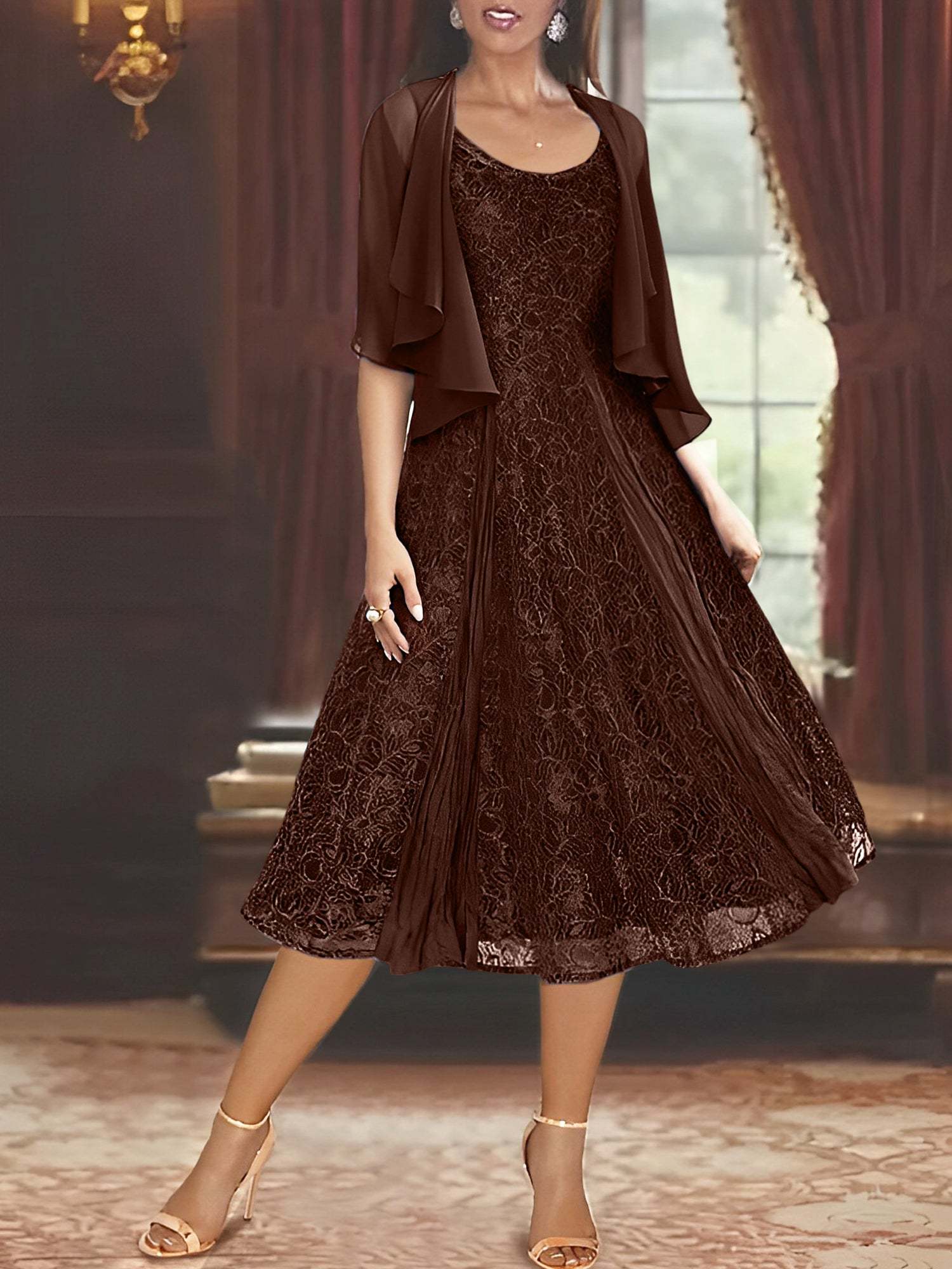 Princess A-Line Tea-Length Mother of the Bride Dress with Scoop Neck Half Sleeves Appliques and Jacket-BMbridal.UK