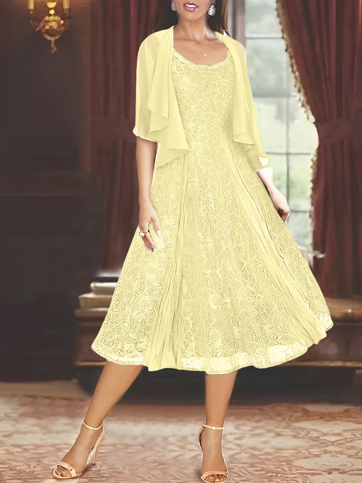 Princess A-Line Tea-Length Mother of the Bride Dress with Scoop Neck Half Sleeves Appliques and Jacket-BMbridal.UK