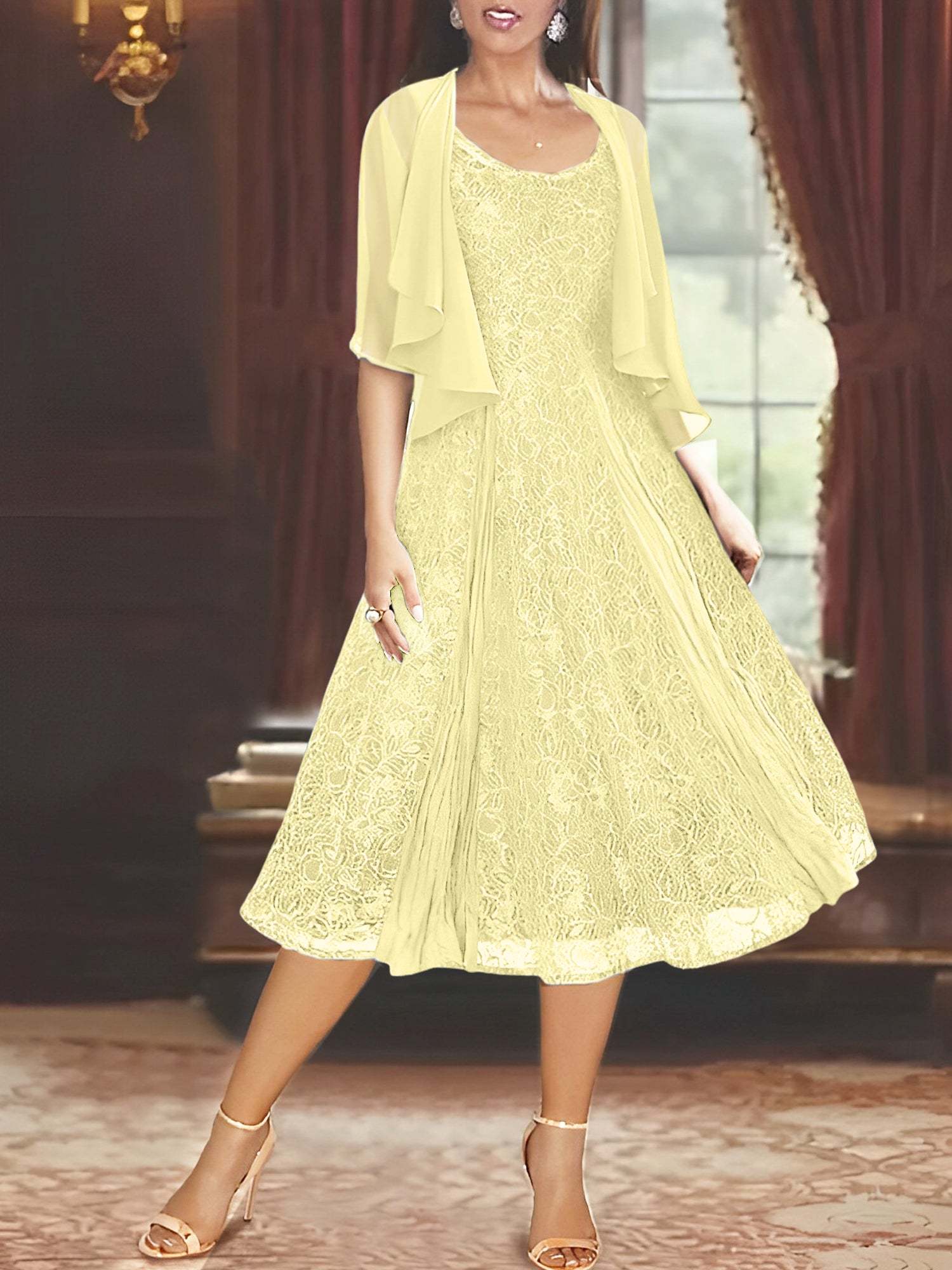 Princess A-Line Tea-Length Mother of the Bride Dress with Scoop Neck Half Sleeves Appliques and Jacket-BMbridal.UK