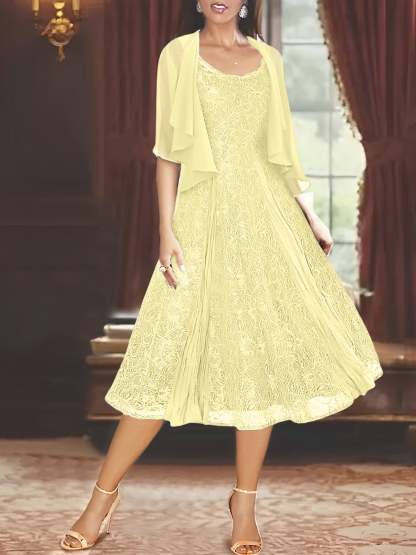 Princess A-Line Tea-Length Mother of the Bride Dress with Scoop Neck Half Sleeves Appliques and Jacket-BMbridal.UK