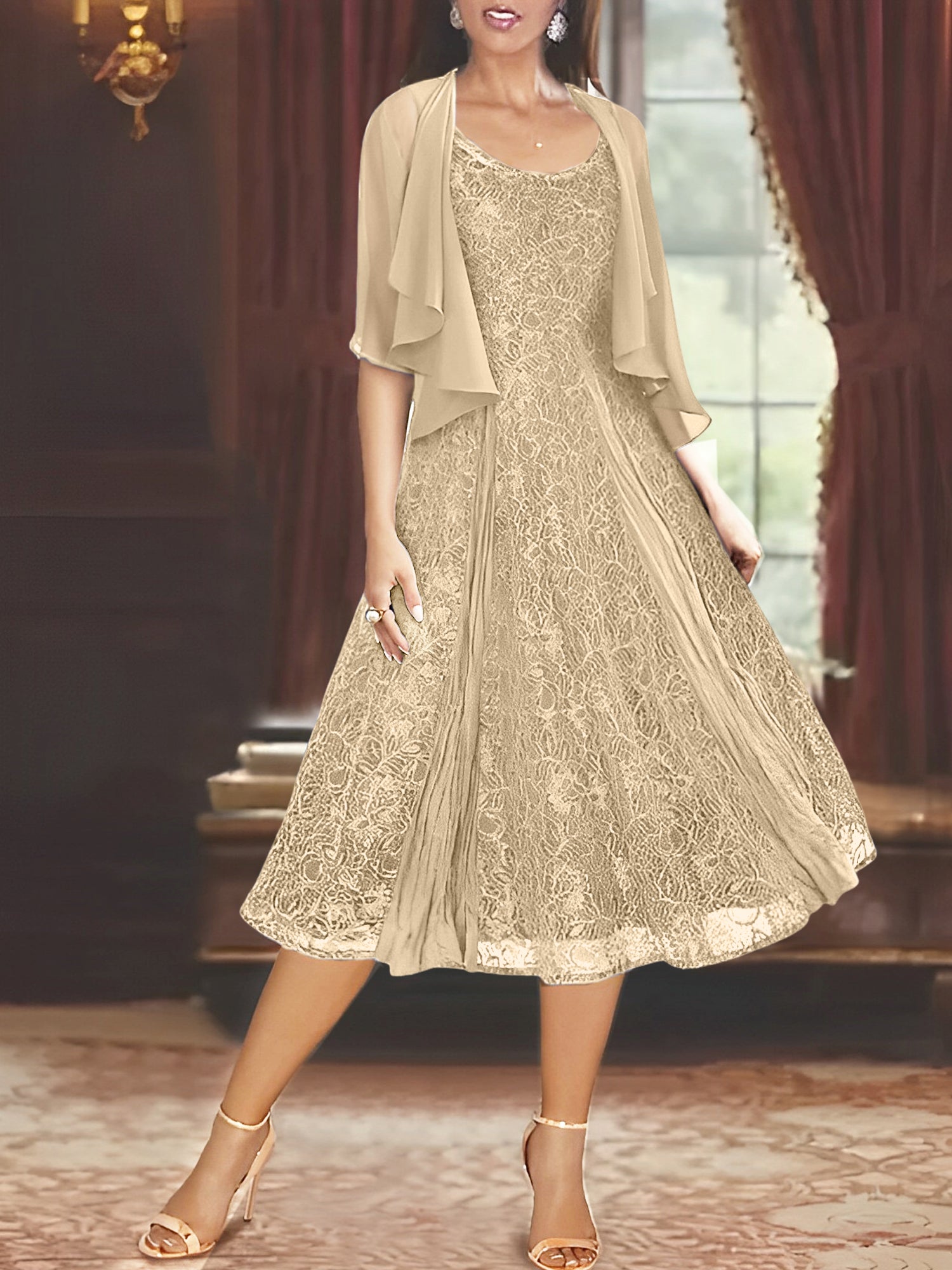 Princess A-Line Tea-Length Mother of the Bride Dress with Scoop Neck Half Sleeves Appliques and Jacket-BMbridal.UK