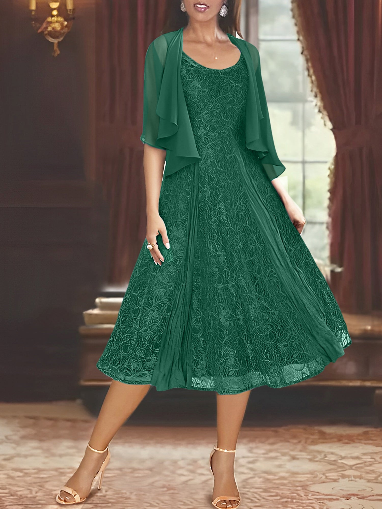 Princess A-Line Tea-Length Mother of the Bride Dress with Scoop Neck Half Sleeves Appliques and Jacket-BMbridal.UK