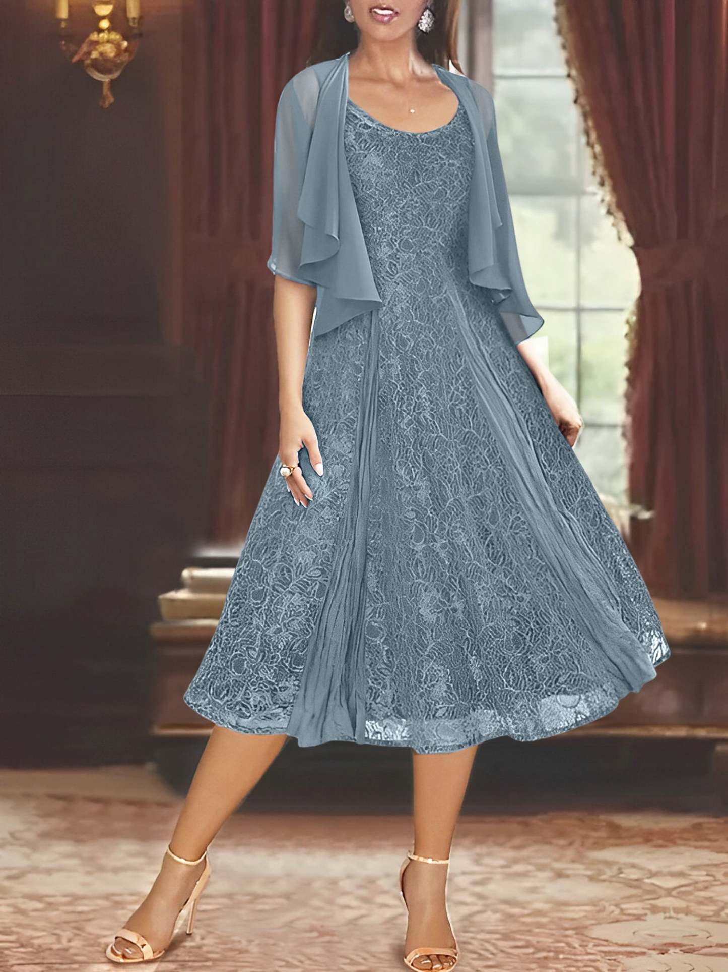 Princess A-Line Tea-Length Mother of the Bride Dress with Scoop Neck Half Sleeves Appliques and Jacket-BMbridal.UK