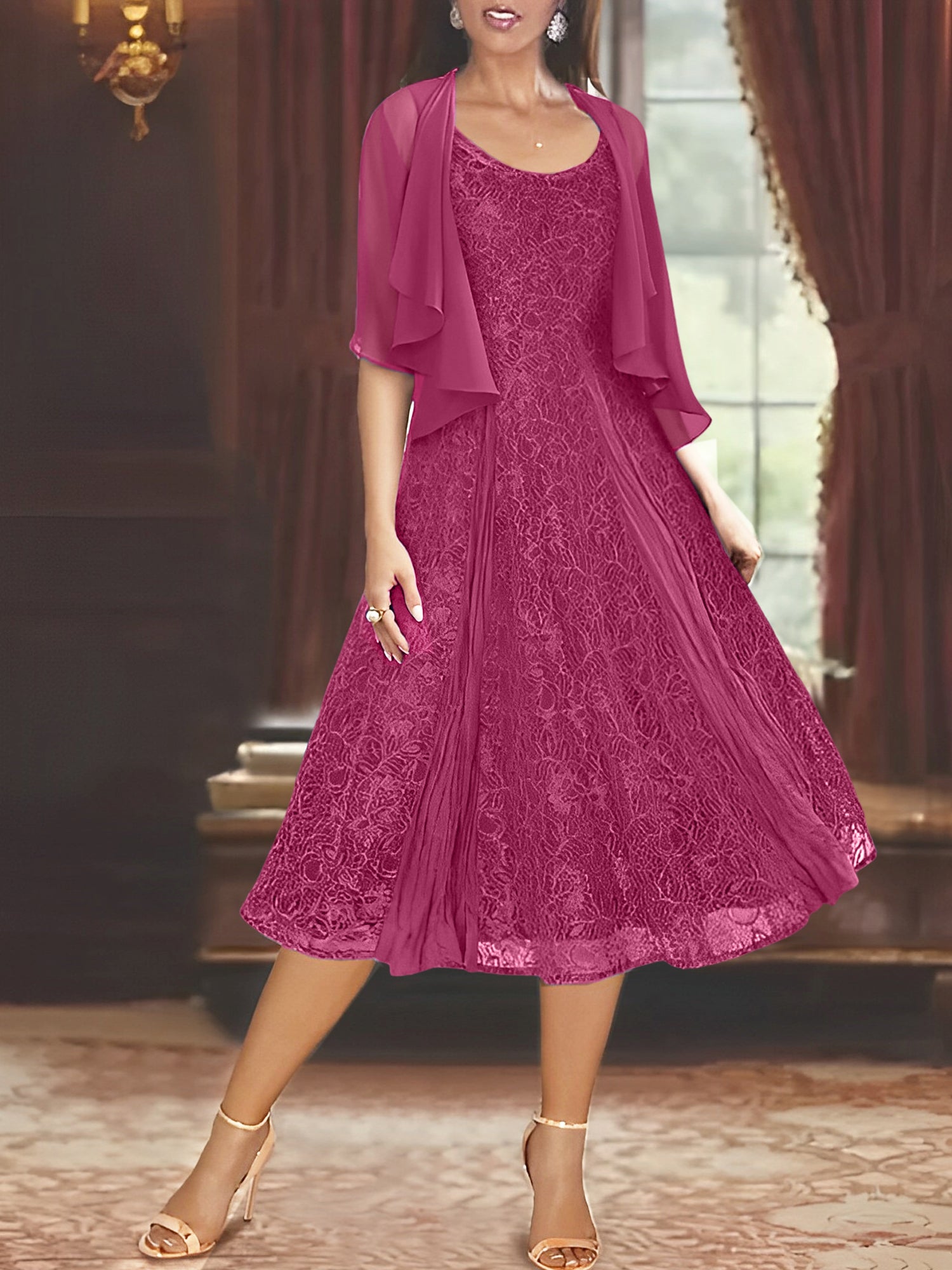 Princess A-Line Tea-Length Mother of the Bride Dress with Scoop Neck Half Sleeves Appliques and Jacket-BMbridal.UK