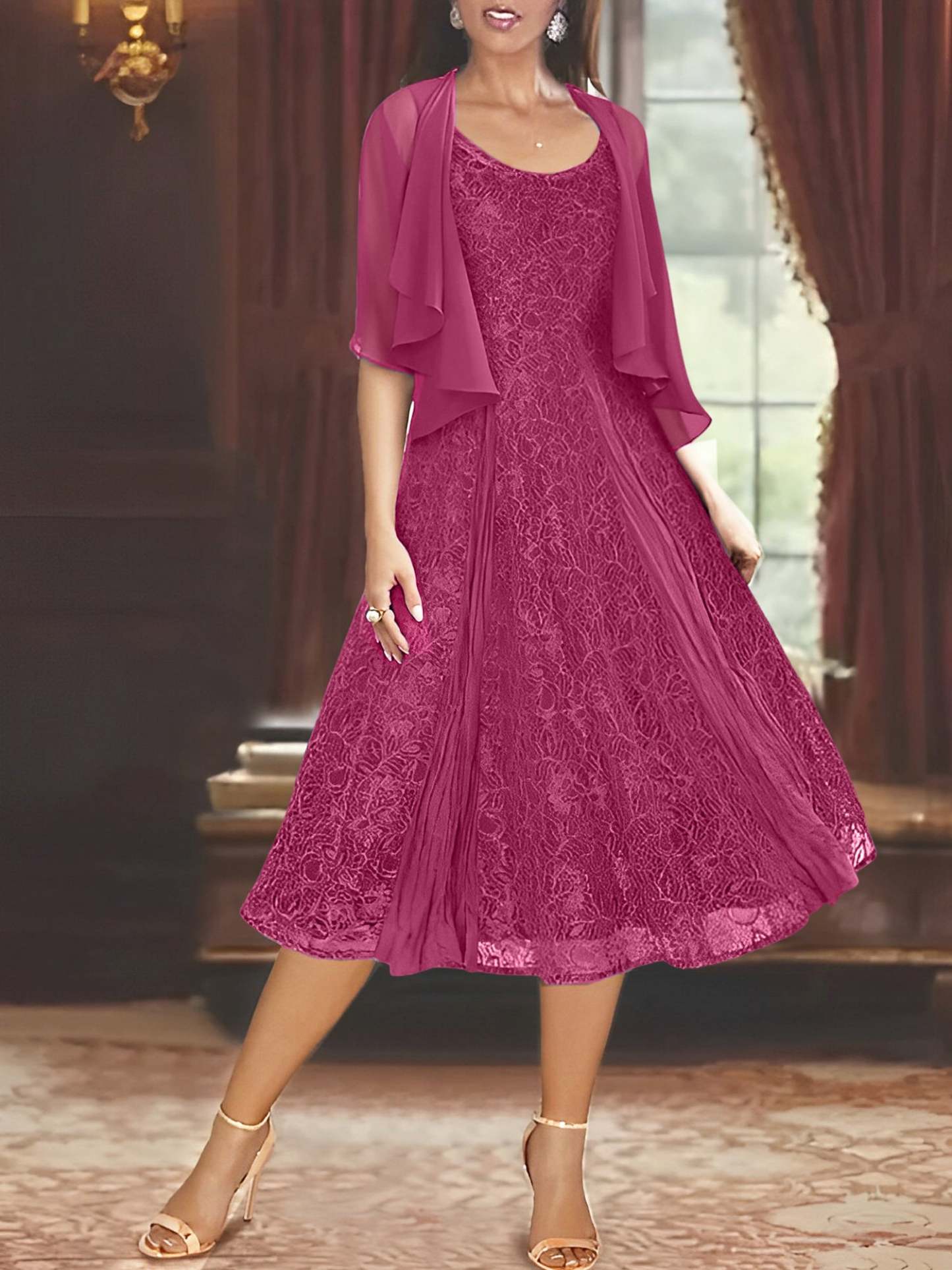 Princess A-Line Tea-Length Mother of the Bride Dress with Scoop Neck Half Sleeves Appliques and Jacket-BMbridal.UK