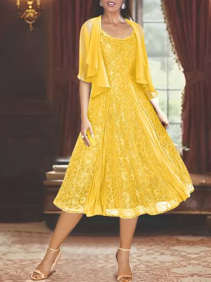 Princess A-Line Tea-Length Mother of the Bride Dress with Scoop Neck Half Sleeves Appliques and Jacket-BMbridal.UK