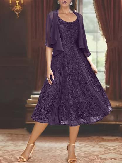 Princess A-Line Tea-Length Mother of the Bride Dress with Scoop Neck Half Sleeves Appliques and Jacket-BMbridal.UK