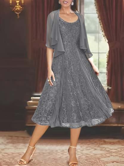 Princess A-Line Tea-Length Mother of the Bride Dress with Scoop Neck Half Sleeves Appliques and Jacket-BMbridal.UK