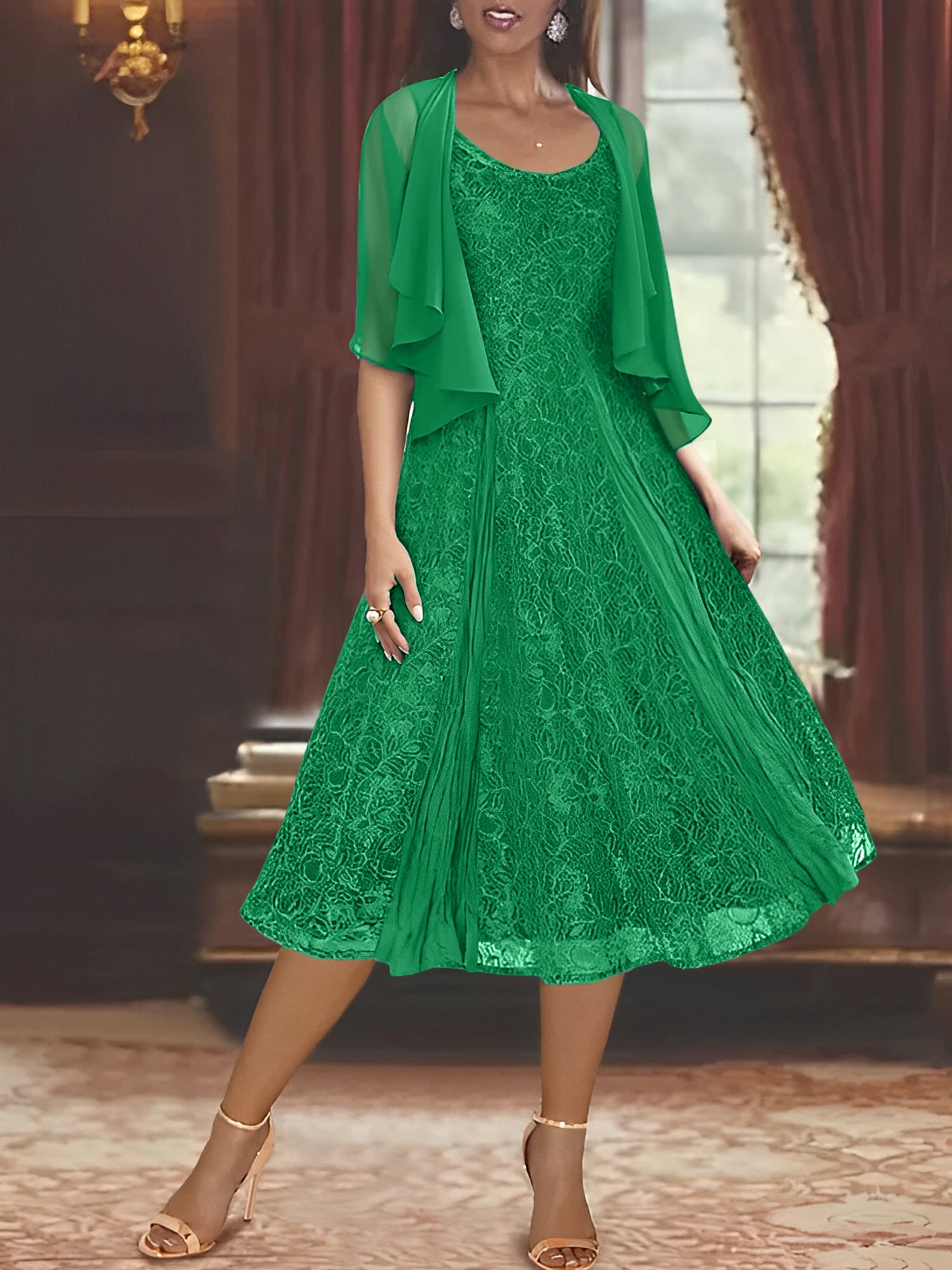 Princess A-Line Tea-Length Mother of the Bride Dress with Scoop Neck Half Sleeves Appliques and Jacket-BMbridal.UK