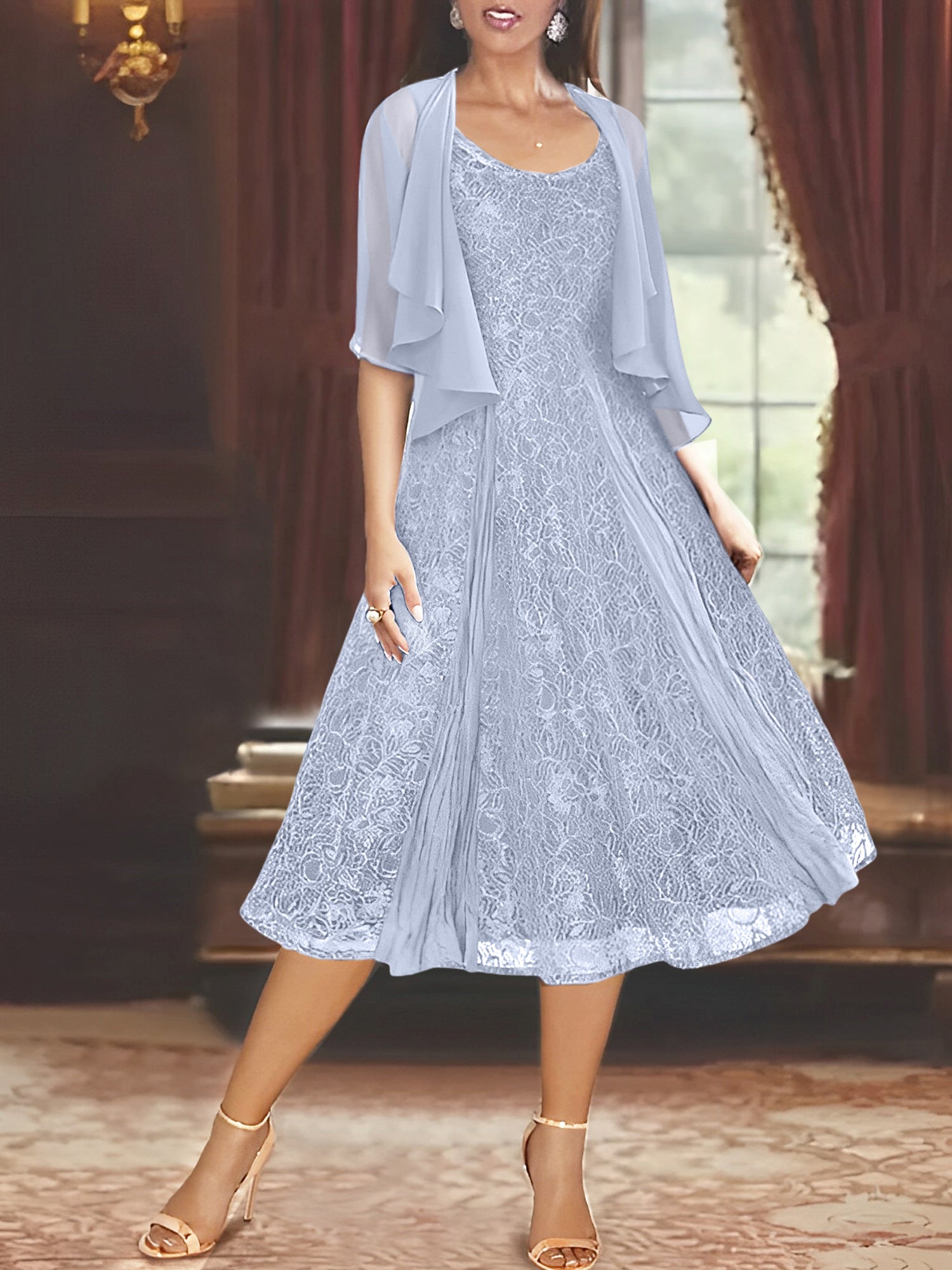 Princess A-Line Tea-Length Mother of the Bride Dress with Scoop Neck Half Sleeves Appliques and Jacket-BMbridal.UK