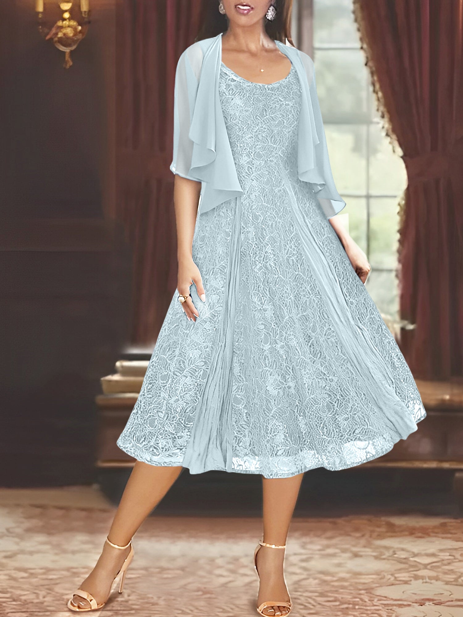 Princess A-Line Tea-Length Mother of the Bride Dress with Scoop Neck Half Sleeves Appliques and Jacket-BMbridal.UK