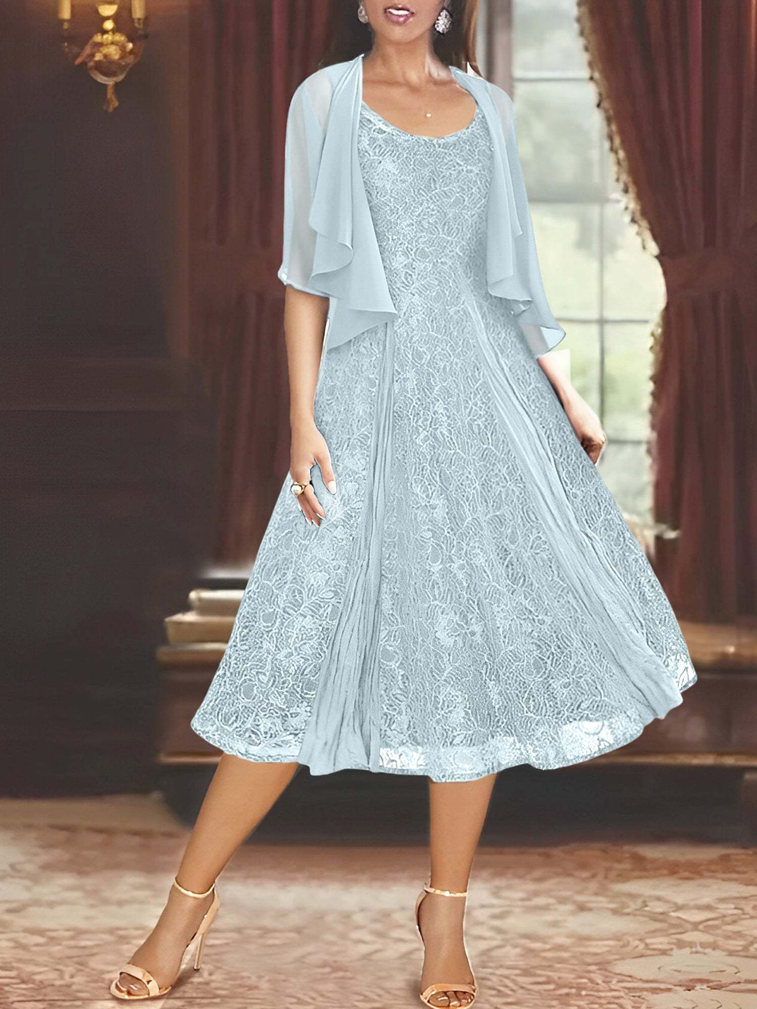 Princess A-Line Tea-Length Mother of the Bride Dress with Scoop Neck Half Sleeves Appliques and Jacket-BMbridal.UK