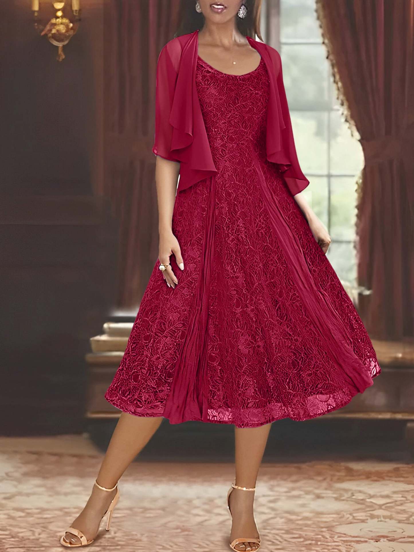 Princess A-Line Tea-Length Mother of the Bride Dress with Scoop Neck Half Sleeves Appliques and Jacket-BMbridal.UK