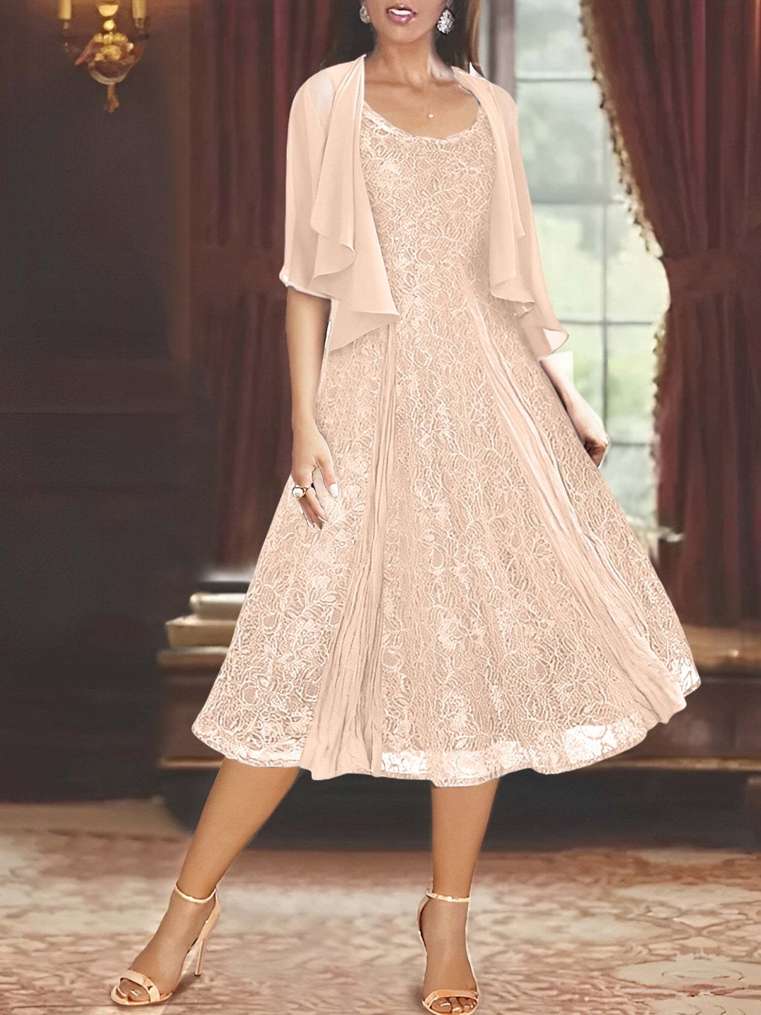 Princess A-Line Tea-Length Mother of the Bride Dress with Scoop Neck Half Sleeves Appliques and Jacket-BMbridal.UK