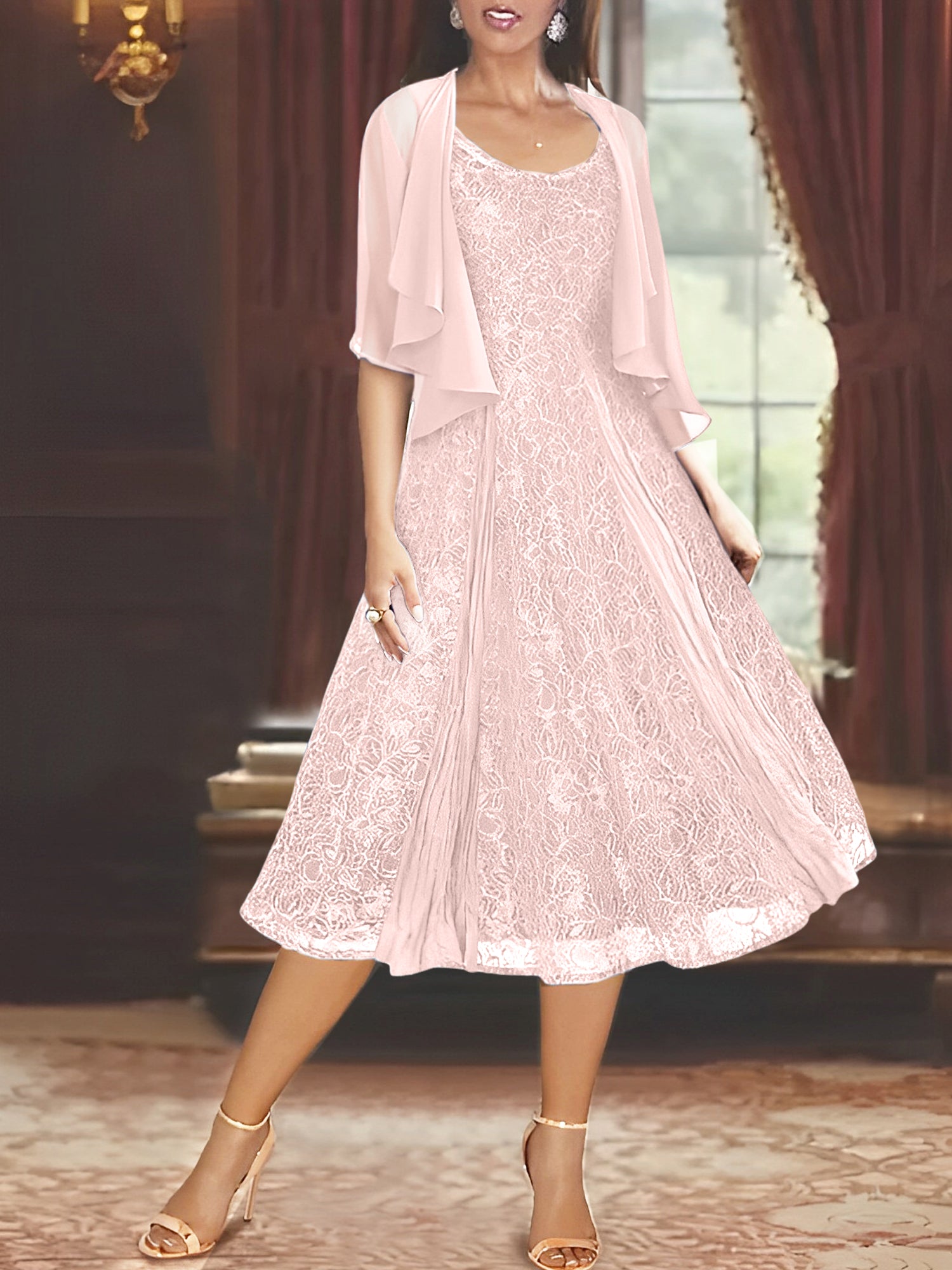 Princess A-Line Tea-Length Mother of the Bride Dress with Scoop Neck Half Sleeves Appliques and Jacket-BMbridal.UK