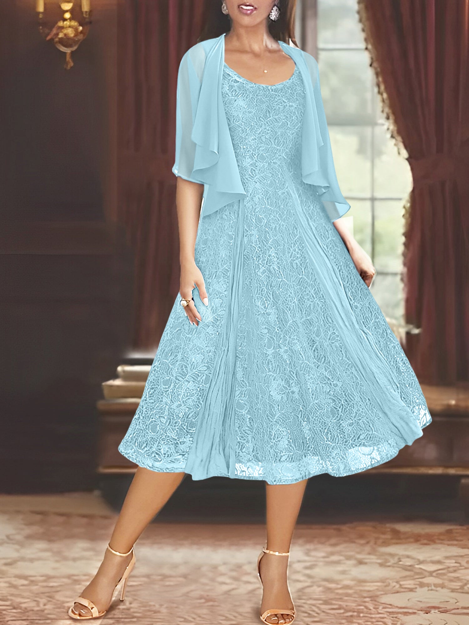 Princess A-Line Tea-Length Mother of the Bride Dress with Scoop Neck Half Sleeves Appliques and Jacket-BMbridal.UK