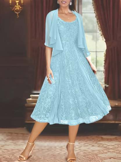 Princess A-Line Tea-Length Mother of the Bride Dress with Scoop Neck Half Sleeves Appliques and Jacket-BMbridal.UK