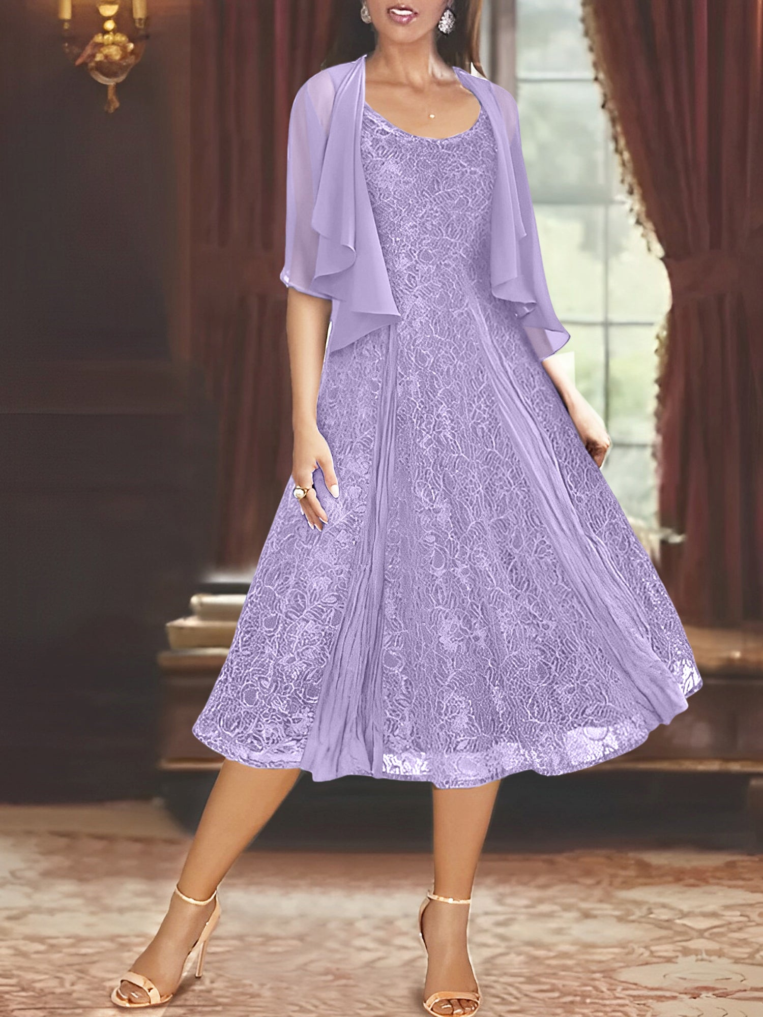 Princess A-Line Tea-Length Mother of the Bride Dress with Scoop Neck Half Sleeves Appliques and Jacket-BMbridal.UK