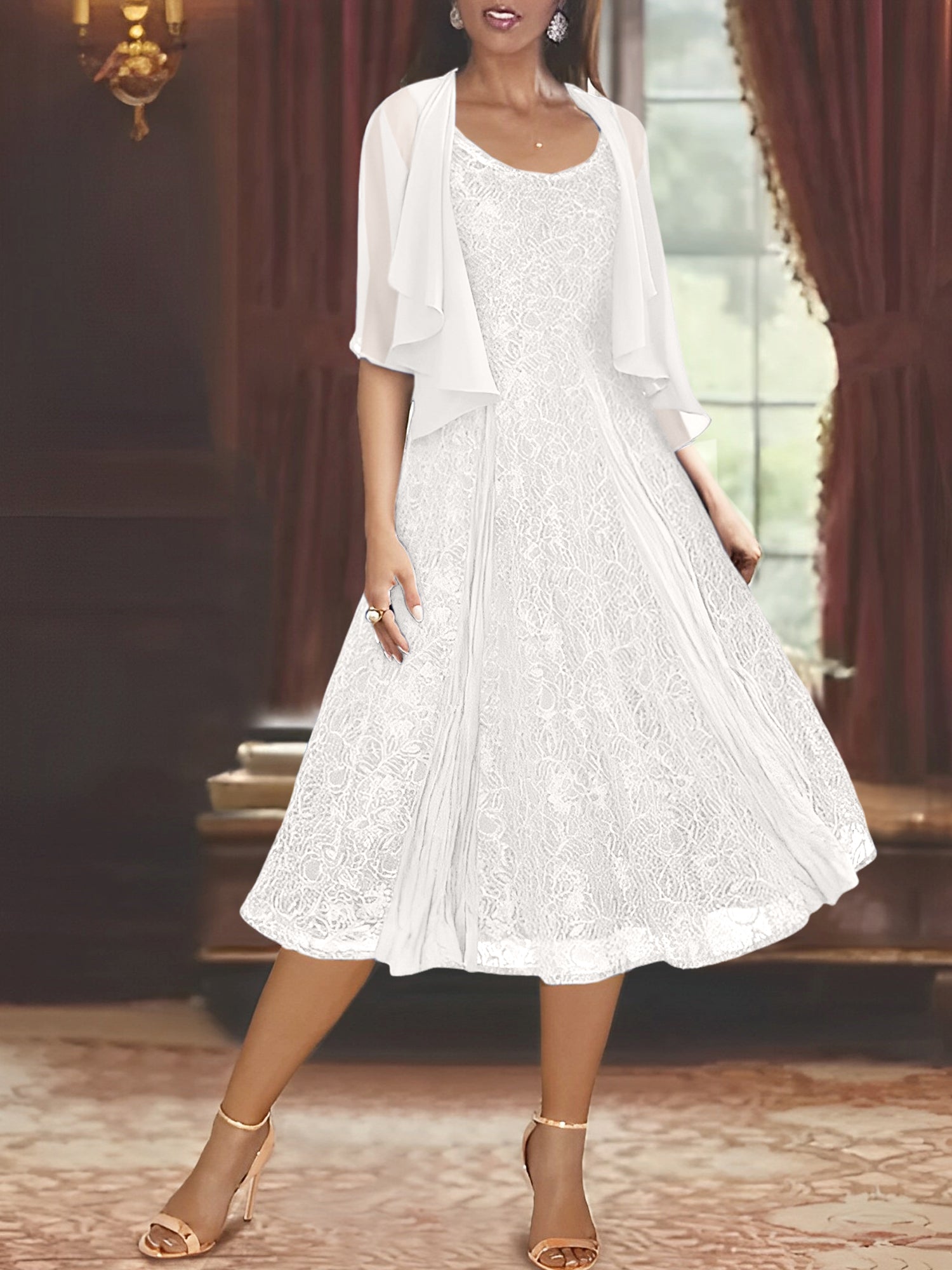 Princess A-Line Tea-Length Mother of the Bride Dress with Scoop Neck Half Sleeves Appliques and Jacket-BMbridal.UK