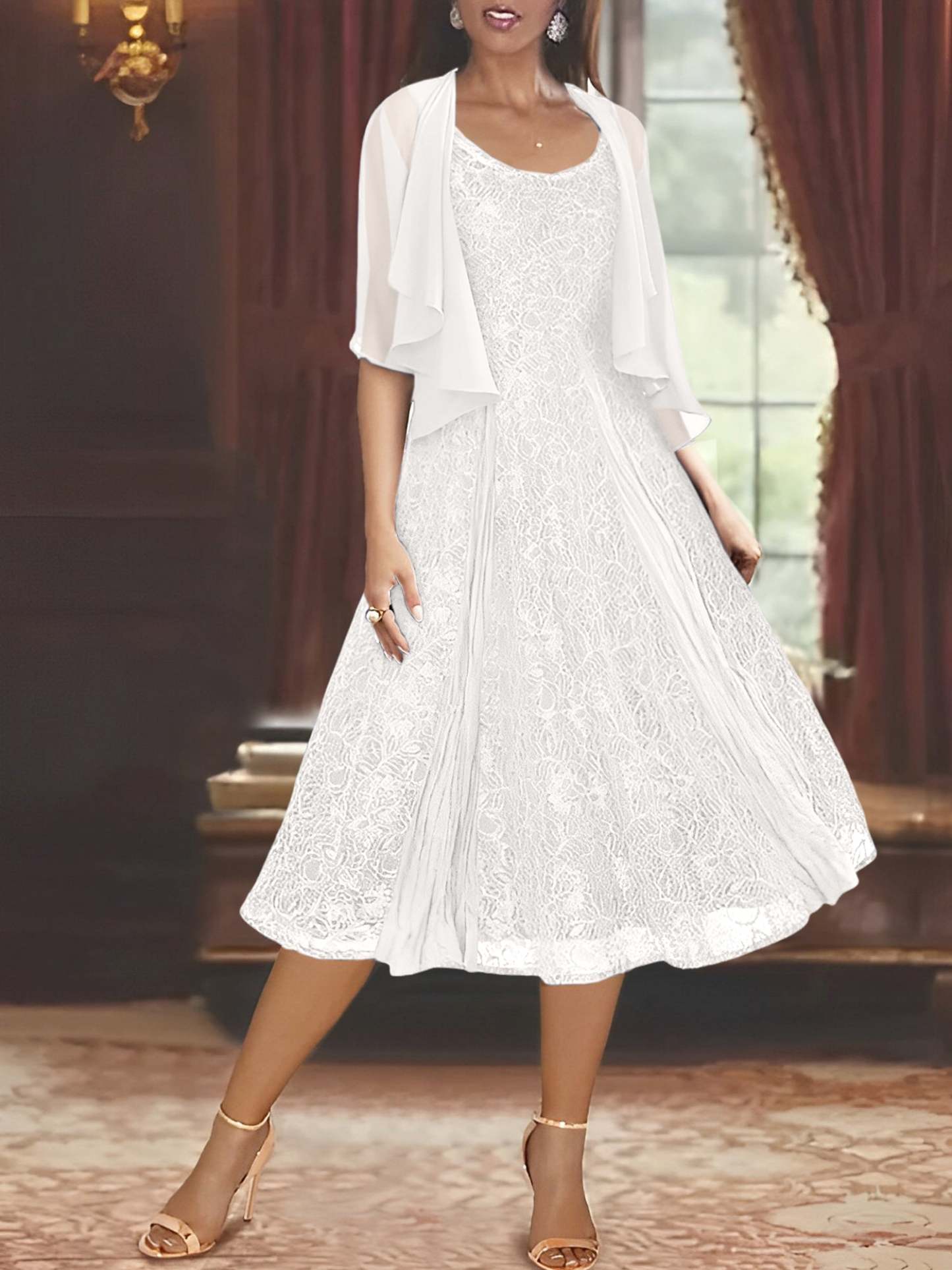 Princess A-Line Tea-Length Mother of the Bride Dress with Scoop Neck Half Sleeves Appliques and Jacket-BMbridal.UK
