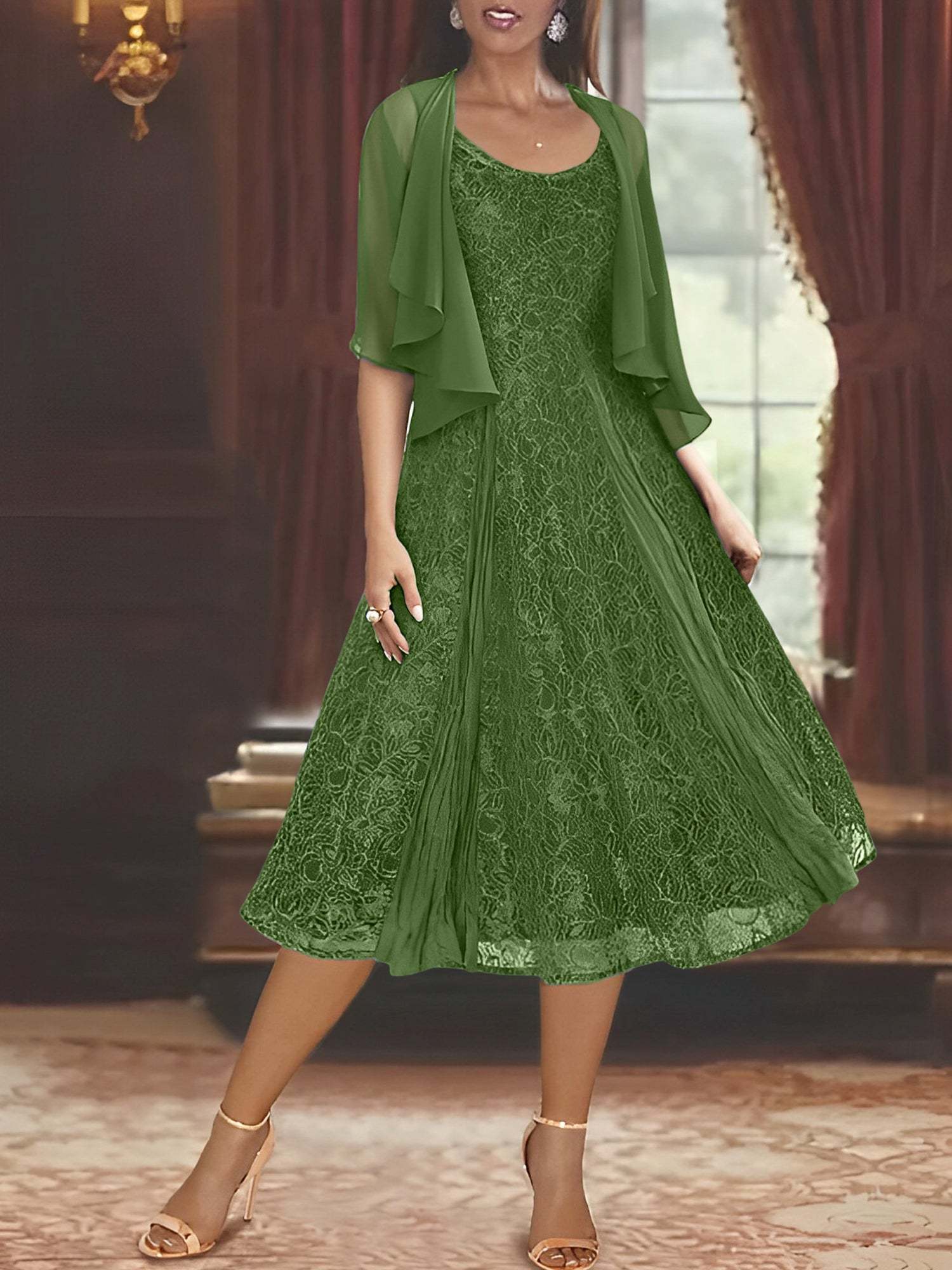 Princess A-Line Tea-Length Mother of the Bride Dress with Scoop Neck Half Sleeves Appliques and Jacket-BMbridal.UK