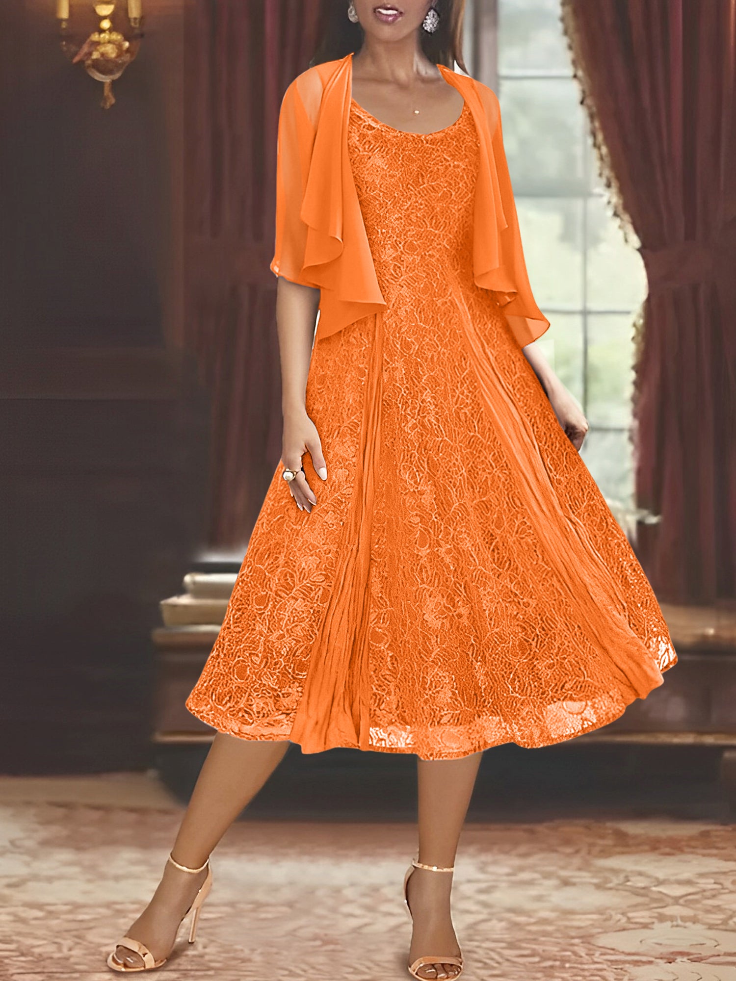 Princess A-Line Tea-Length Mother of the Bride Dress with Scoop Neck Half Sleeves Appliques and Jacket-BMbridal.UK