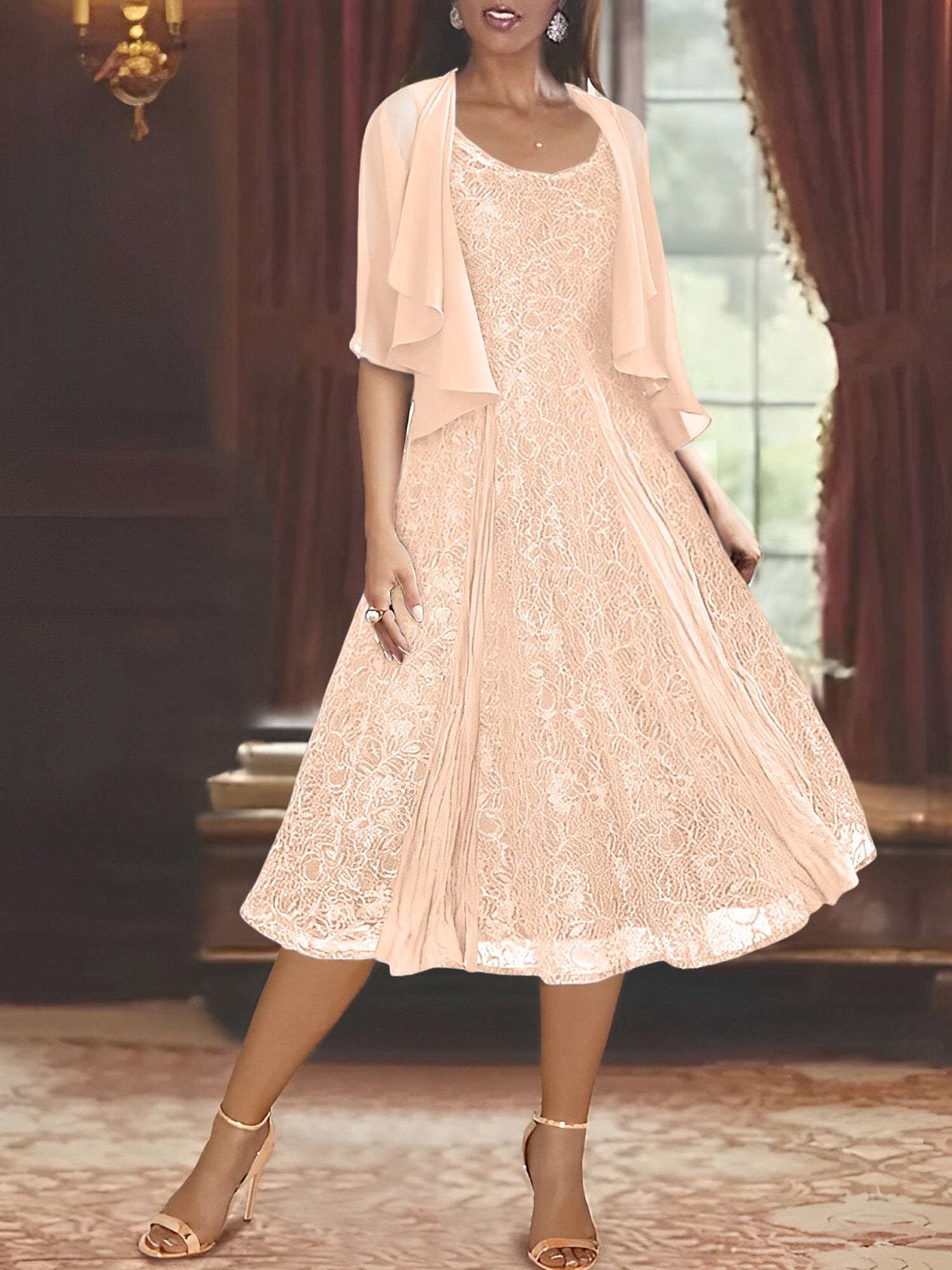 Princess A-Line Tea-Length Mother of the Bride Dress with Scoop Neck Half Sleeves Appliques and Jacket-BMbridal.UK