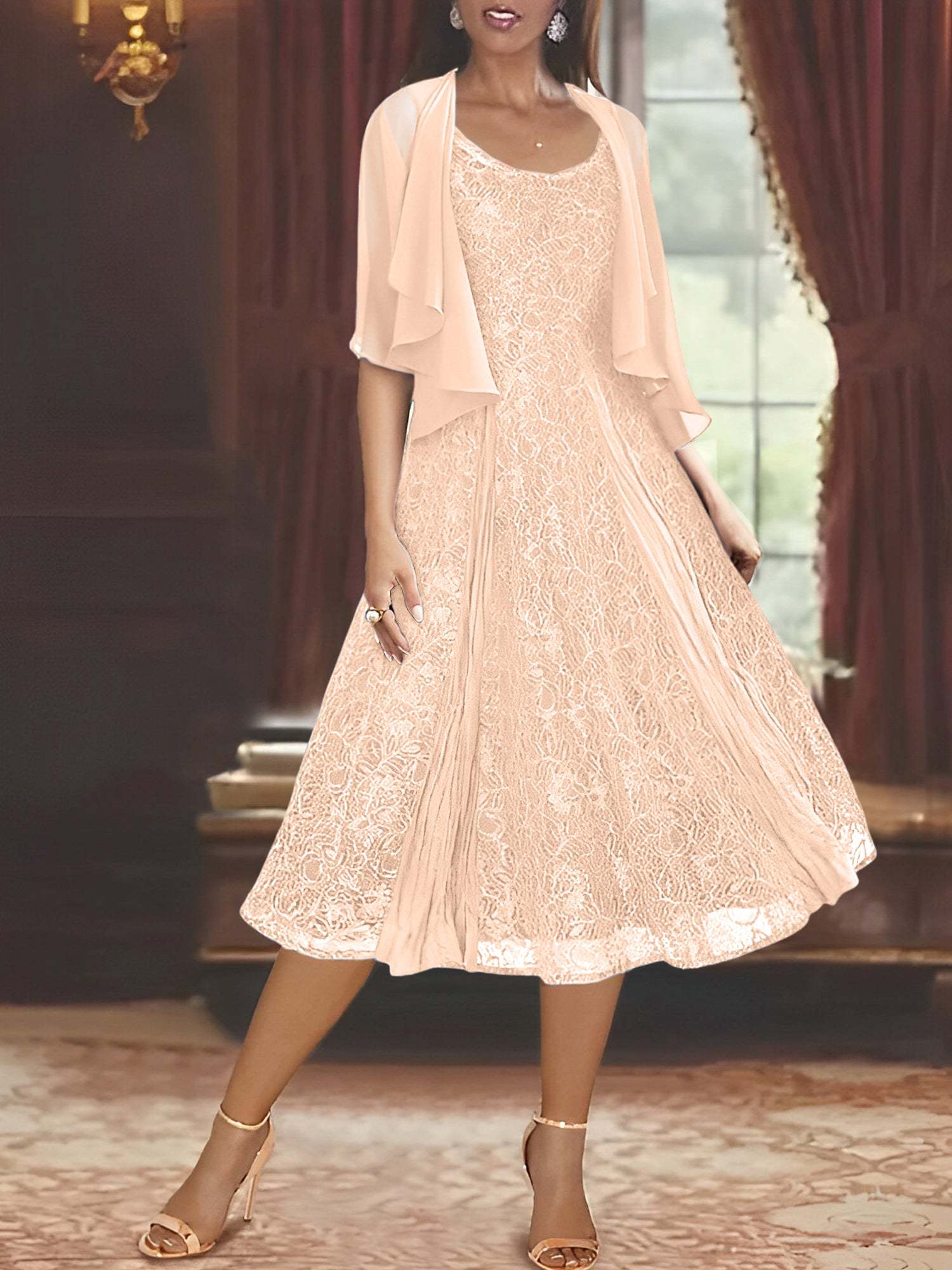 Princess A-Line Tea-Length Mother of the Bride Dress with Scoop Neck Half Sleeves Appliques and Jacket-BMbridal.UK