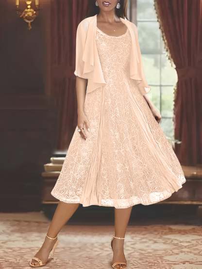 Princess A-Line Tea-Length Mother of the Bride Dress with Scoop Neck Half Sleeves Appliques and Jacket-BMbridal.UK